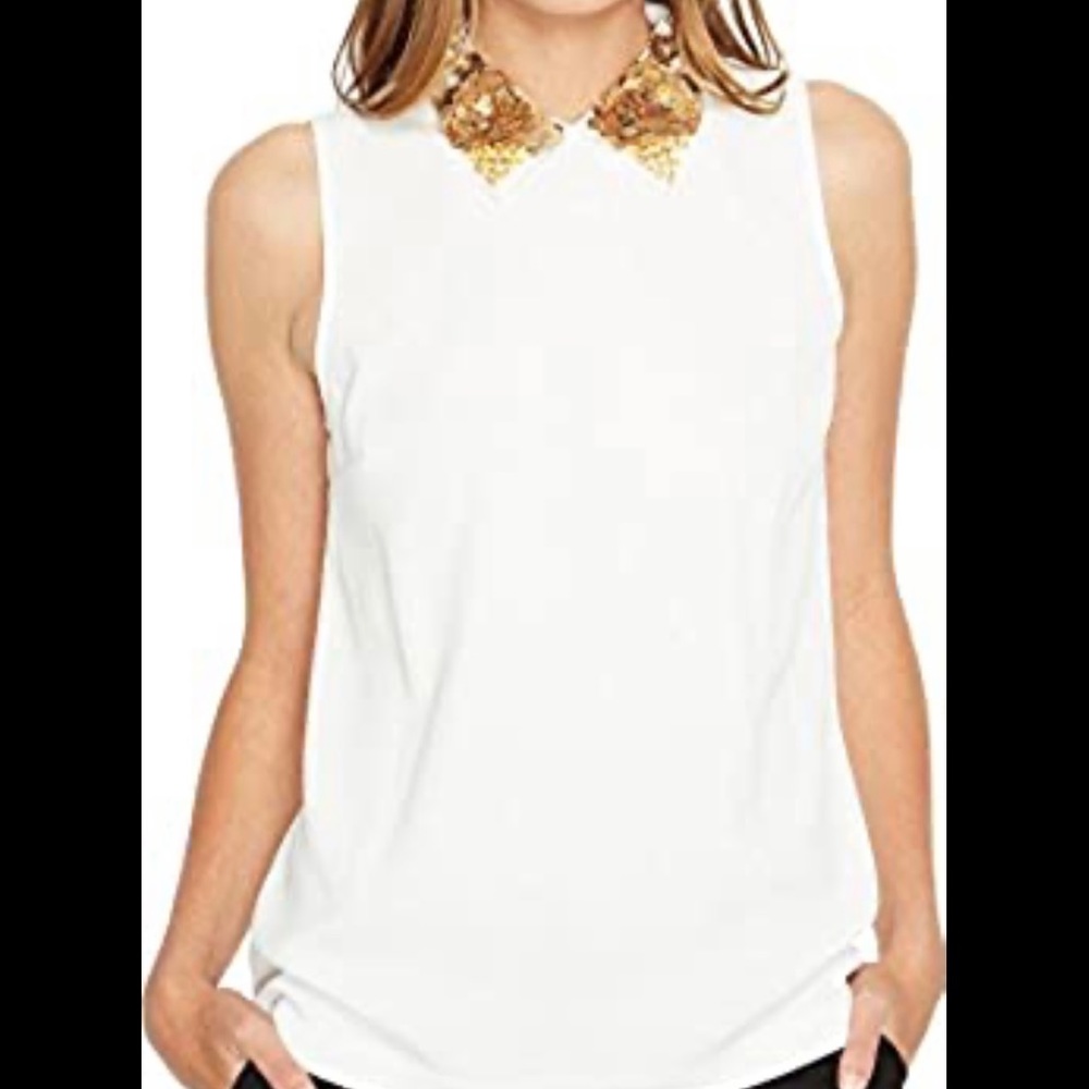 Trina Turk Amaranth White Top with Embellished Collar
